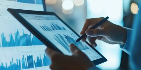 Financial analyst conducting a financial analysis on a tablet detailed data visualizations and performance metrics modern setting