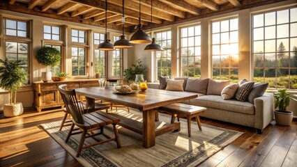 Fototapeta premium Rustic Farmhouse Furniture, Including A Wooden Table, Chairs, And A Bench, Fills A Cozy Living Room With Warm, Natural Light Streaming Through The Windows Behind.