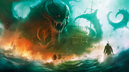 A dark fantasy scene showing Cthulhu, a giant sea monster, attacking a ship. Ai generate