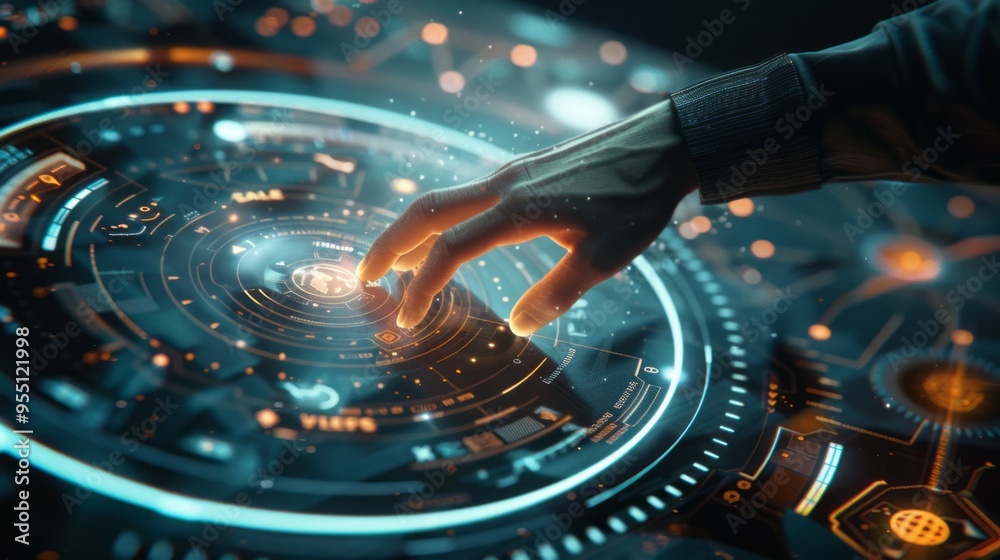 Poster A hand is touching a glowing circle on a computer screen