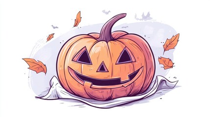 A cheerful Halloween pumpkin with a smiling jack-o'-lantern face surrounded by autumn leaves.