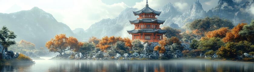 Obraz premium Traditional Chinese pagoda, with layered roofs, detailed woodwork, and surrounding gardens, 3D architecture