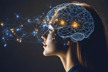 Obraz premium Analytical thinking Axon Side profile of a woman with a digital brain illustrating the fusion of human intellect and artificial intelligence in a modern technological world