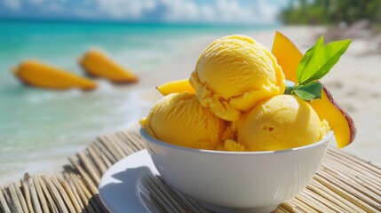 Mango ice cream scoops in a white bowl on a beach.
