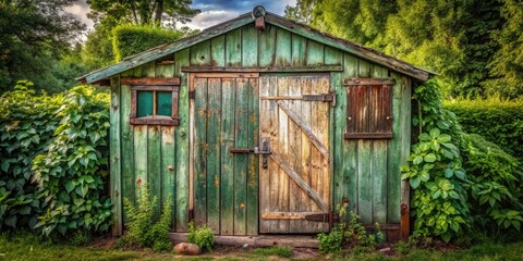 Rustic wooden shed with distressed paint and vintage charm, adorned with a faded logo on the old wooden door, set against a lush green background.