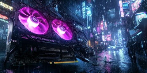 Neon city street with a glowing graphics card.
