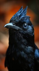Close-up portrait of a black bird with a crested head.