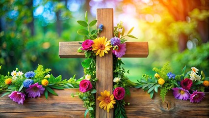 Christian wooden cross adorned with colorful flowers and green leaves, symbolizing faith and nature