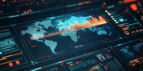 Digital interface showcasing international banking features with interactive elements and real-time data professional and modern