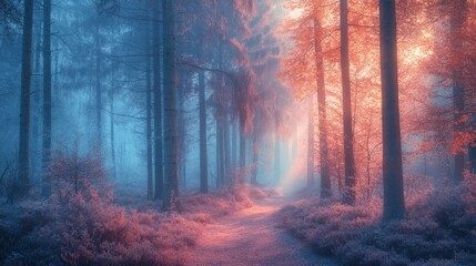 Misty forest path at sunrise with a warm glow illuminating the trees.