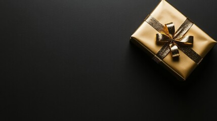 A sleek black background with a gold-wrapped gift box placed subtly in one corner, leaving the rest of the space empty for text