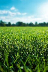 Obraz premium A well-trimmed green grass field with blue sky 