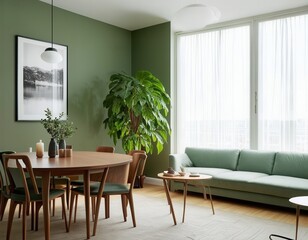 Fototapeta premium Modern Living Room with green Sofa, Abstract Wall Art, and Subtle Green Decor Accents for a Serene Ambiance