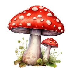 Two Red and White Spotted Mushrooms with Green Foliage