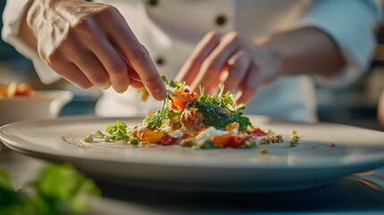 A chef is carefully plating an elegant dish on the kitchen counter, with other plates of food in soft focus behind them