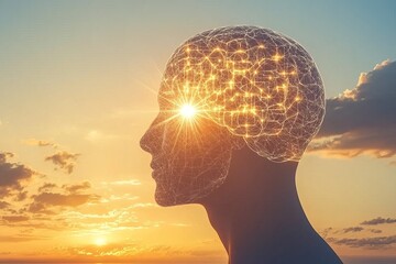 Divergent thinking Axon A glowing brain within a human silhouette at sunset symbolizing enlightenment knowledge and the dawn of new ideas against the backdrop of nature