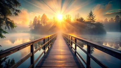 Mystical sunset shining through a foggy footbridge