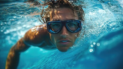 Fototapeta premium Riding the Perfect Wave: Skilled Surfer Carving Through the Water with Focus and Balance, Beach in the Distance