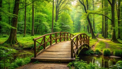Fototapeta premium A serene rustic bridge nestled in a lush green forest