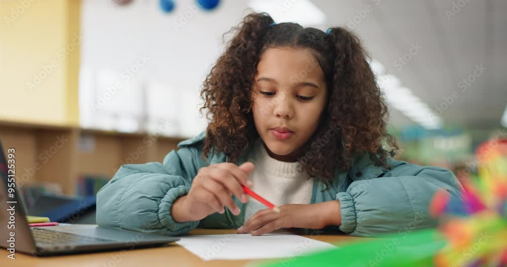 Poster Girl, homework and counting for math at library in school for assessment or task. Kid, education and thinking with stationery for project with studying for child growth and brain development