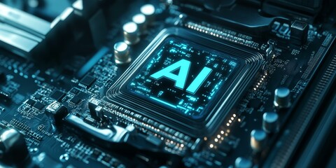 Fototapeta premium AI chip on circuit board, glowing blue.