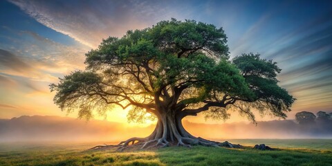 In a misty dawn, a gnarled, old Fig tree stands alone, its twisted branches conveying the complexities of memory and loss, soft, diffused morning light, a realistic photo image.