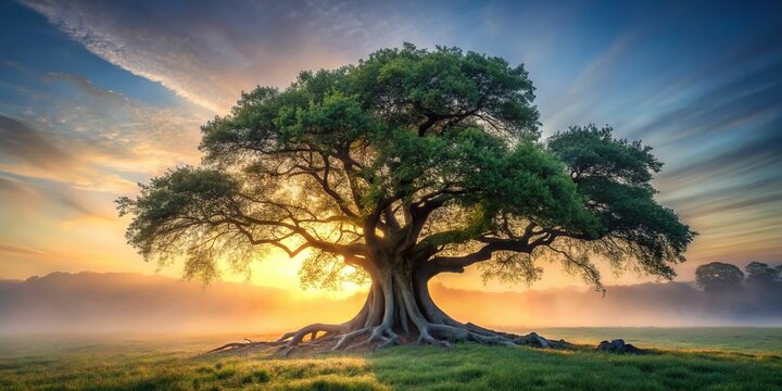 In a misty dawn, a gnarled, old Fig tree stands alone, its twisted branches conveying the complexities of memory and loss, soft, diffused morning light, a realistic photo image.