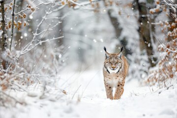 A striking image of a European lynx prowling silently through a snowy forest 