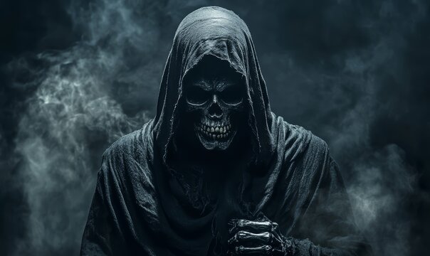 Grim reaper with smoky background. Halloween and horror concept. Scary dark black undead villain pointing with the finger at you. Silhouette of a creepy eerie mysterious death daemon.