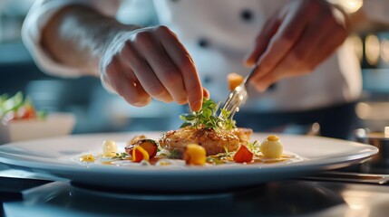 A chef is carefully plating an elegant dish on the kitchen counter, with other plates of food in soft focus behind them