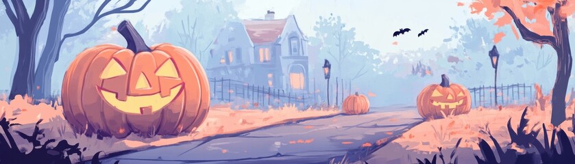 A spooky, atmospheric Halloween scene featuring carved pumpkins, a foggy path, and an eerie house in the backdrop.