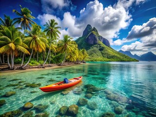 Serene tropical ocean scene with a lone kayak drifting towards a vibrant coral reef, surrounded by swaying palm trees and majestic volcanic mountains.