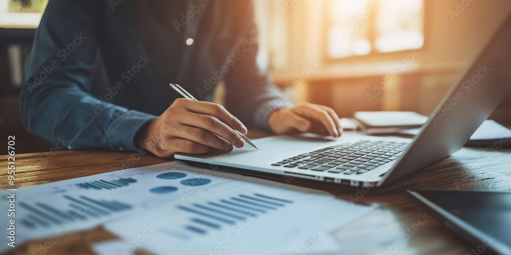 Poster financial planner analyzing cost management data on a laptop clear visualizations of expense control