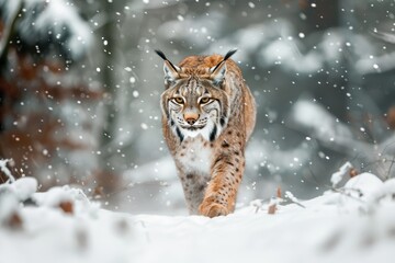 Obraz premium A striking image of a European lynx prowling silently through a snowy forest 