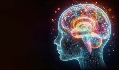 Hologram of the brain. Wireframe glowing low poly design on dark background, healthy brain concept