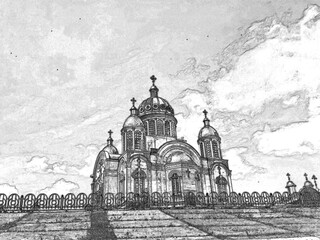 Christian orthodox church building in the city, pencil drawn sketchy draft illustration