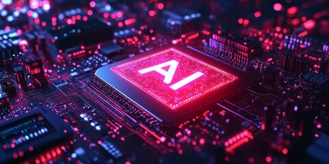 Obraz premium AI chip glowing red on circuit board.