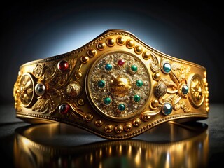Shiny gold championship belt with intricate design and gemstones lies on a dark background, symbolizing achievement and victory in a competitive sports event.