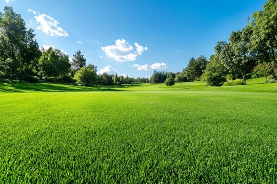 A well-trimmed green grass field with blue sky 