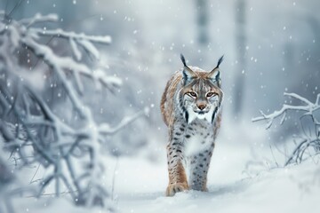 A striking image of a European lynx prowling silently through a snowy forest 
