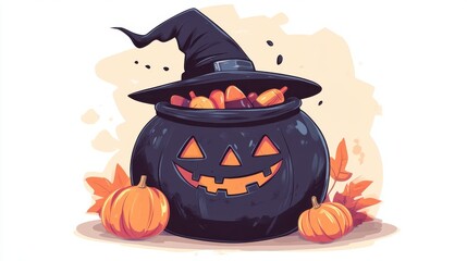 A spooky Halloween cauldron with a witch hat, pumpkins, and colorful candies, perfect for festive decorations.