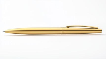 Single, elegant, gold-plated metal pen with a slim profile, resting horizontally on a pristine white background. The pen centered, with its luxurious finish and refined details
