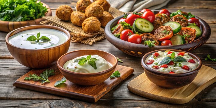 shopska salad, banitsa pastry, kebapche meatballs, and tarator cold yogurt soup, arranged on a rustic wooden table.