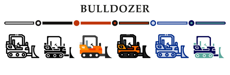 Bulldozer icons set. 6 Various styles. For sign, symbol, element, presentation, infographic or web graphics. Vector Illustration.
