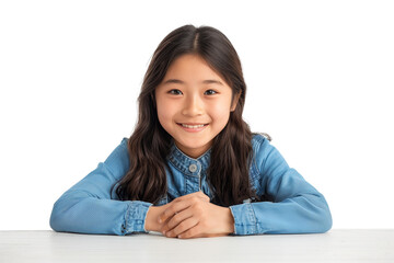 Confident Asian teenage girl sitting at a table isolated on transparent background