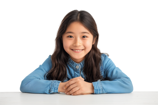 Confident Asian teenage girl sitting at a table isolated on transparent background