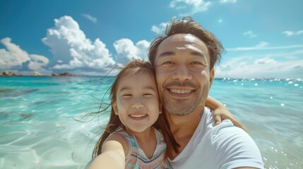 Happy chinese family father with daughter inside the beach sunny day enjoyment weekend