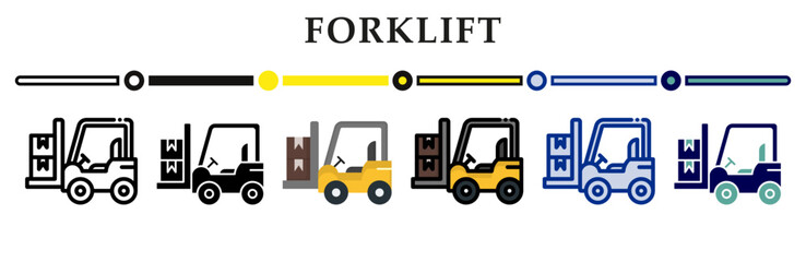 Forklift icons set. 6 Various styles. For sign, symbol, element, presentation, infographic or web graphics. Vector Illustration.