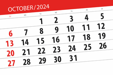 Calendar 2024, deadline, day, month, page, organizer, date, October