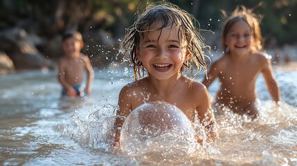 Joyful Family Beach Day - Happy family having fun playing with beach ball in shallow water, creating splashes and laughter together at the beach.